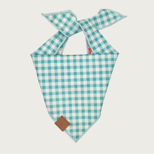Reverse side of the Carrot Patch bandana. It is a classic aqua and white checkered pattern.