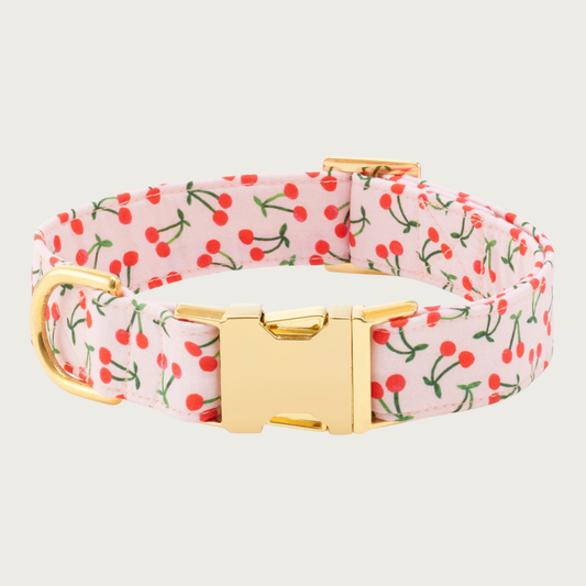 Dog collar with blush pink background and red paired cherry print with green stems & leaves. Gold-toned hardware.