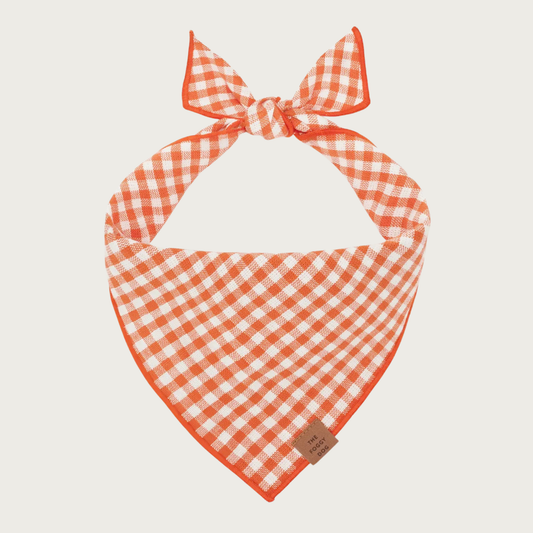 An orange and white gingham tie-on dog bandana.