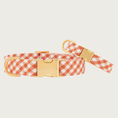 Load image into Gallery viewer, Two Cider Gingham dog collars with different widths (5/8" and 1"), with the smaller & more narrow collar leaning on the larger one.
