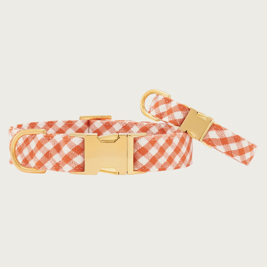 Two Cider Gingham dog collars with different widths (5/8" and 1"), with the smaller & more narrow collar leaning on the larger one.