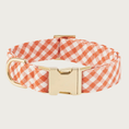 Load image into Gallery viewer, A dog collar with a white and orange gingham pattern and polished gold-tone buckle & hardware.
