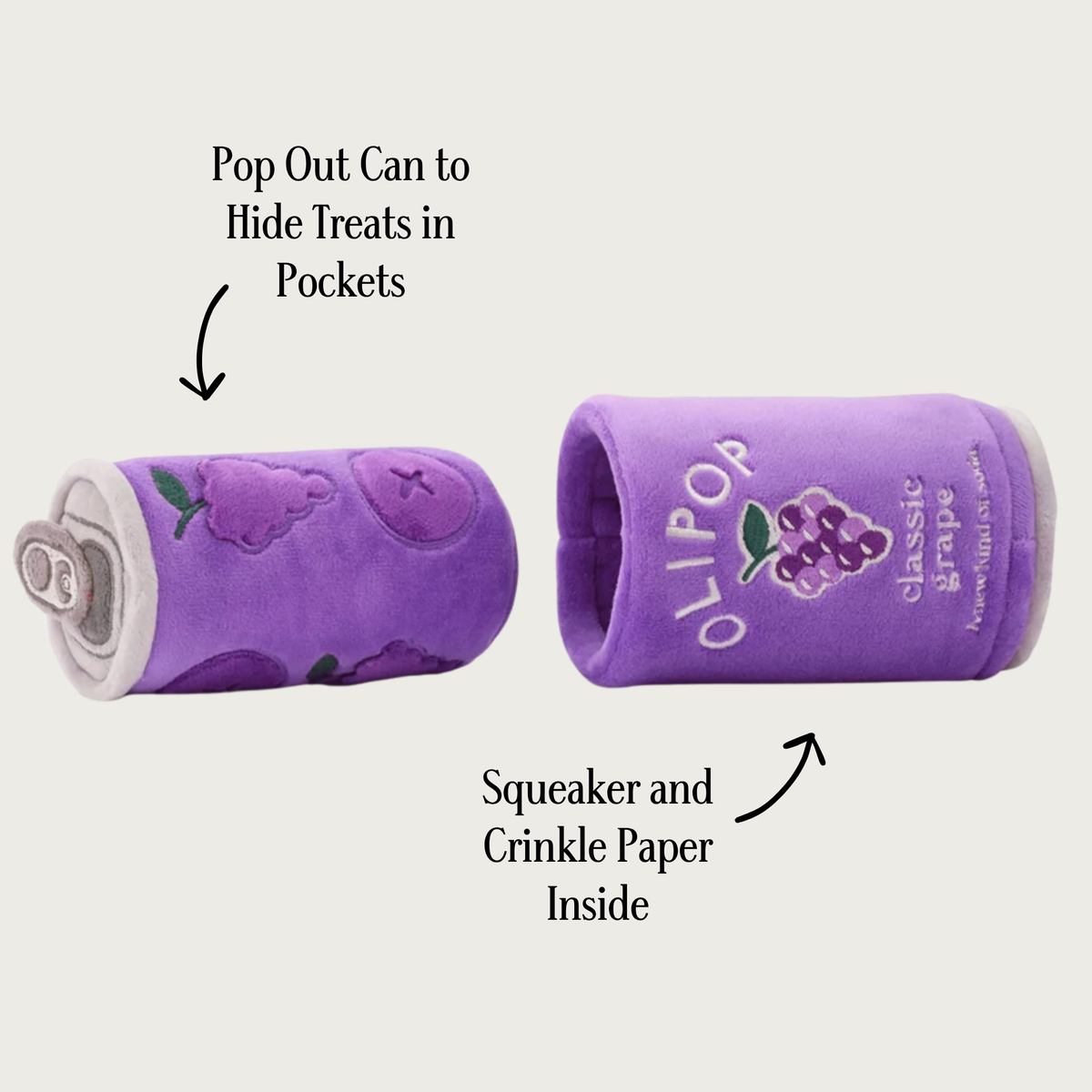 OLIPOP classic grape dog toy, shown on its side with the center insert "can" pulled out in front, with explanatory text: 'Pop Out Can to Hide Treats in Pockets' and 'Squeaker and Crinkle Paper Inside.'