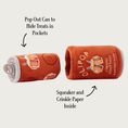 Load image into Gallery viewer, OLIPOP classic root beer dog toy, shown on its side with the center insert "can" pulled out in front, with explanatory text: 'Pop Out Can to Hide Treats in Pockets' and 'Squeaker and Crinkle Paper Inside.'

