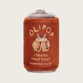 Load image into Gallery viewer, A plush soda can-shaped dog toy in brown, featuring embroidered text that reads 'OLIPOP classic root beer' and an embroidered pair of clinking root beer mugs with straws graphic.
