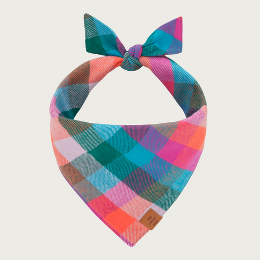 Colorful plaid dog bandana in bright shades of teal, pink, purple, blue and orange.