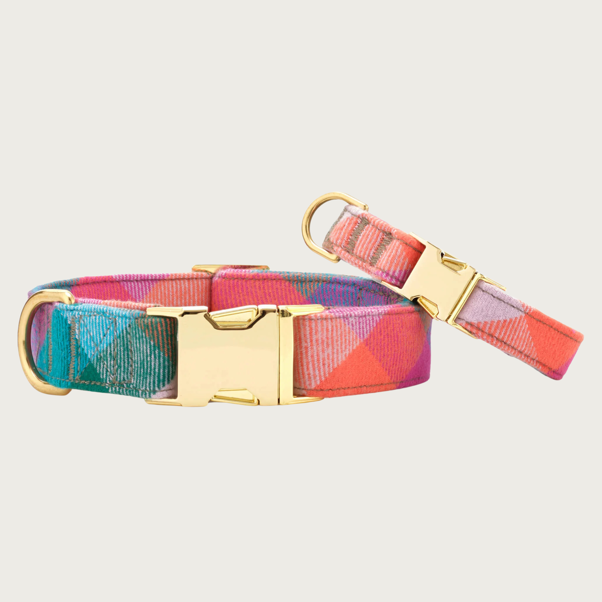 Pair of Color Pop dog collars; 5/8" wide collar leaning on the 1" wide one, to show the size difference.