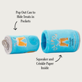 Load image into Gallery viewer, OLIPOP cream soda dog toy, shown on its side with the center insert "can" pulled out in front, with explanatory text: 'Pop Out Can to Hide Treats in Pockets' and 'Squeaker and Crinkle Paper Inside.'
