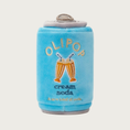 Load image into Gallery viewer, A plush soda can-shaped dog toy in turquoise blue, featuring embroidered text that reads 'OLIPOP cream soda' and an embroidered pair of clinking soda glasses with straws graphic.
