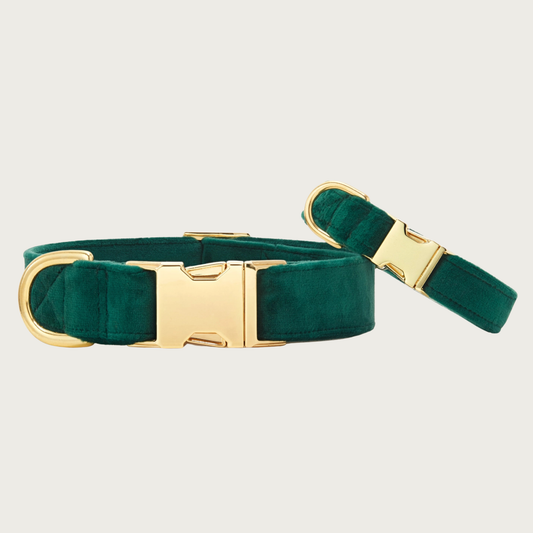 Two Forest Green Velvet collars with different widths (5/8" and 1"), with the smaller & more narrow collar leaning on the larger one.