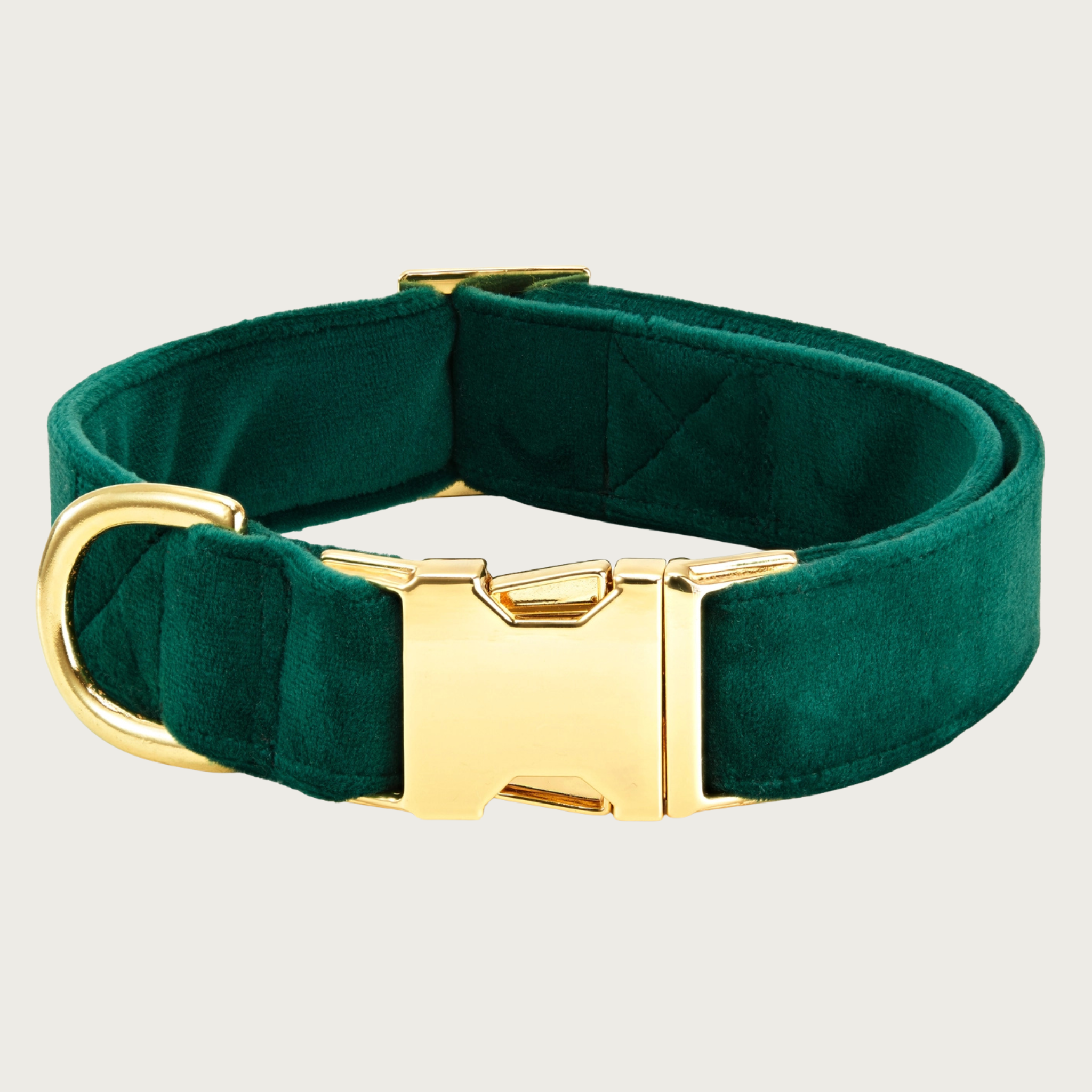 Forest Green velvet dog collar with a gold toned metal buckle & D-ring. 