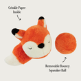 Load image into Gallery viewer, Plush 2-in-1 fox ball dog toy, with removable bouncy squeaker ball next to it. Ball has matching orange plush covering it. Text pointing to the fox says "crinkle paper inside" and text pointing to the ball says "removable bouncy squeaker ball".
