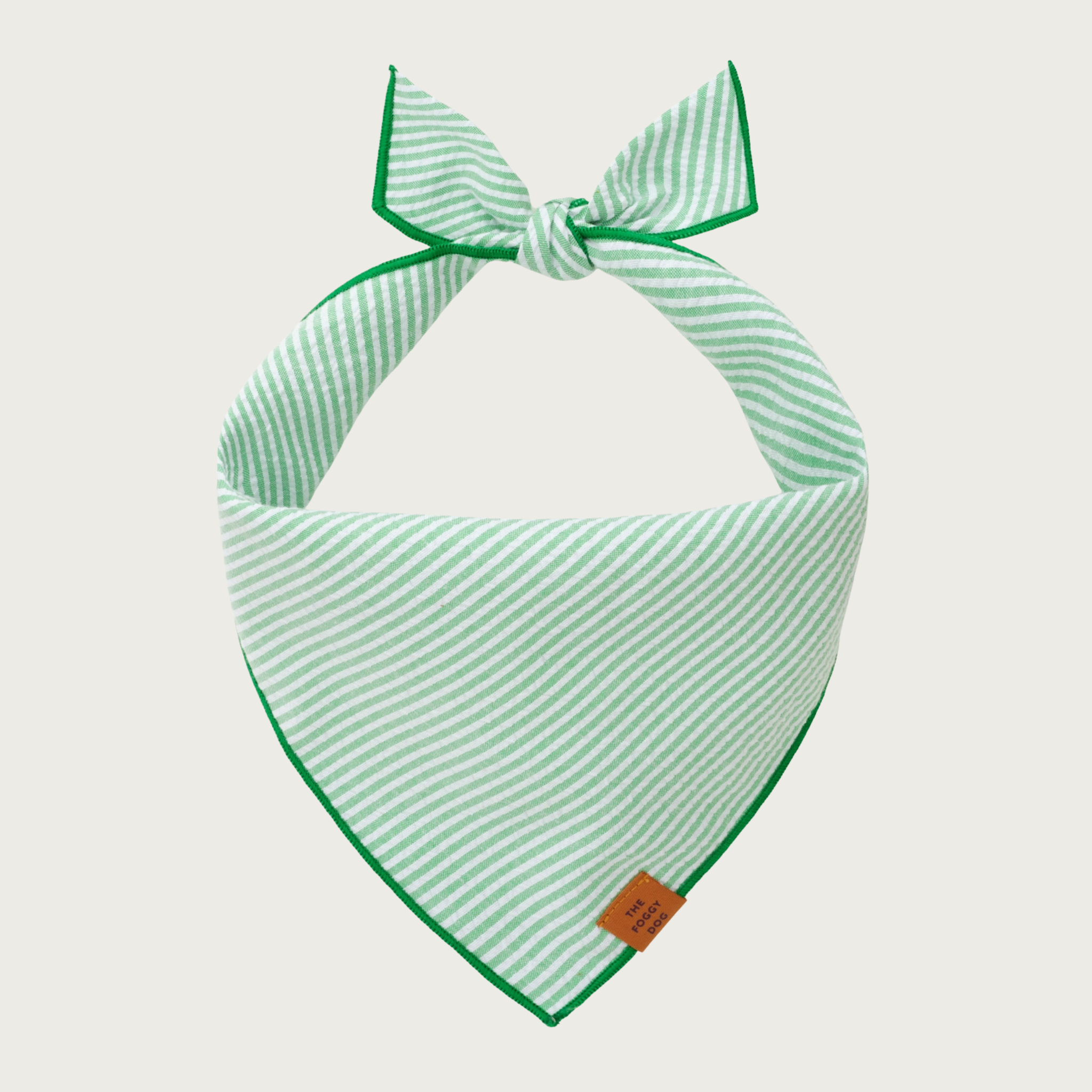 Light green and white striped dog bandana. The narrow stripes run diagonally.