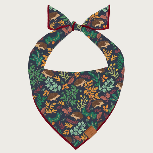 Dog bandana with densely patterned hedgehogs and leaves. Background color is dark navy blue, and the various types of leaves and branches are different autumn colors. Hedgehogs are small and two-toned brown in color.