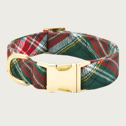Red, green, and white plaid dog collar with gold toned metal buckle and D-ring.