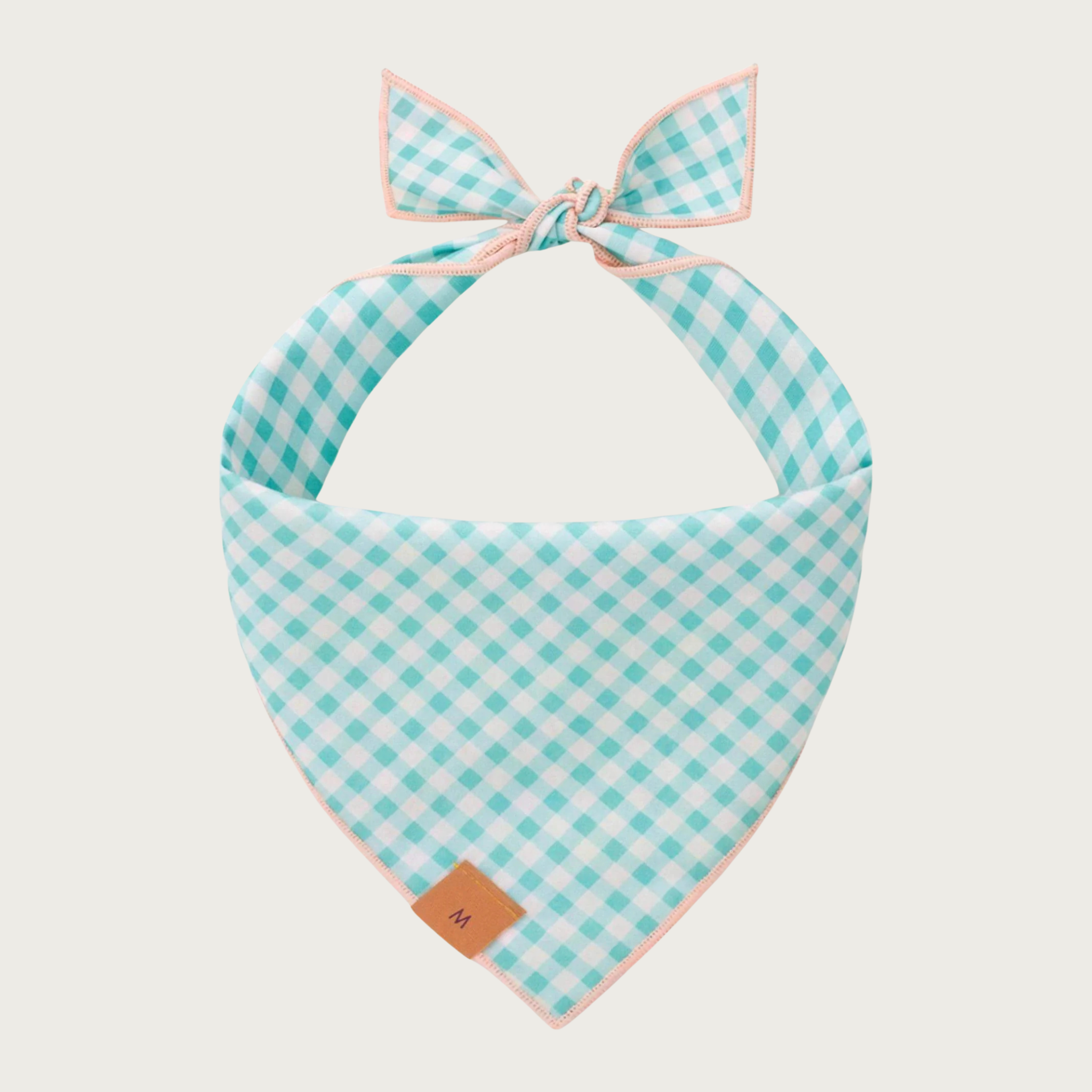 Reverse side of the Hoppy Easter dog bandana, featuring an aqua and white gingham check print.