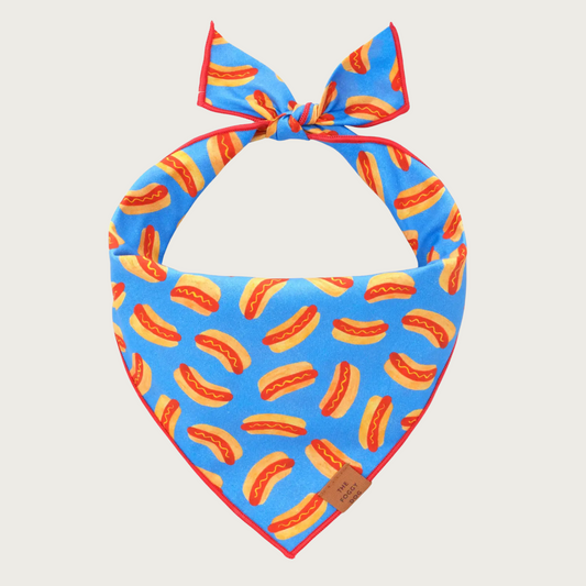 Dog bandana with red & yellow hot dog print on a bright, medium blue background.