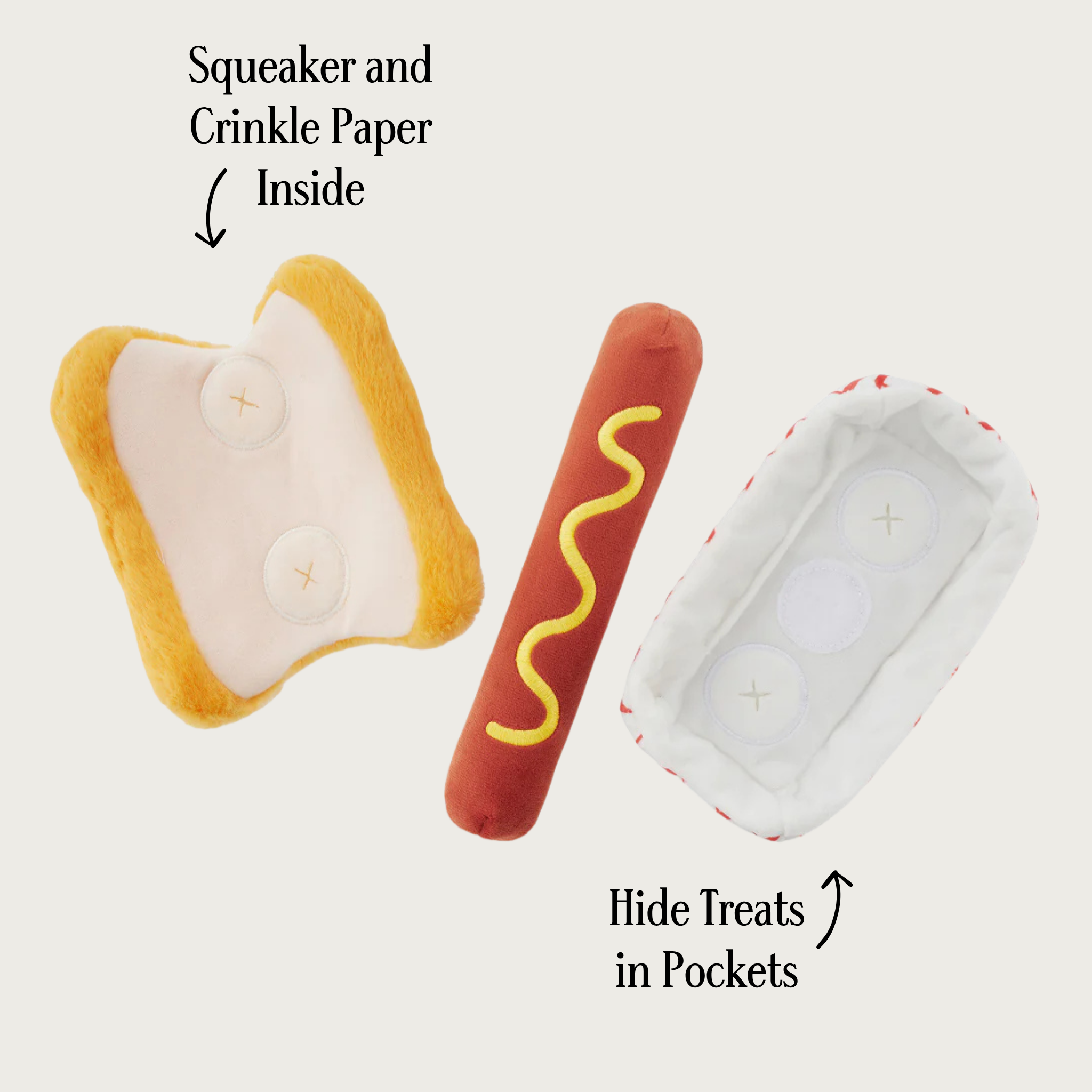 Hot Dog toy opened up to show details of each layer, with text descriptors. With arrows pointing to the toy in different locations, text reads "squeaker and crinkle paper inside" and "pull apart layers to hide treats inside."