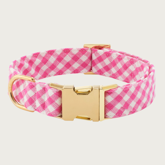 Hot pink and white gingham checkered dog collar, with gold-toned hardware.