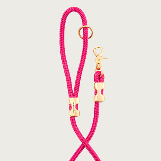 Alternate view of the Hot Pink marine rope leash, showing a closeup of the handle and clasp sections.
