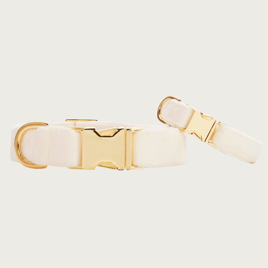 Two Ivory Velvet collars with different widths (5/8" and 1"), with the smaller & more narrow collar leaning on the larger one.