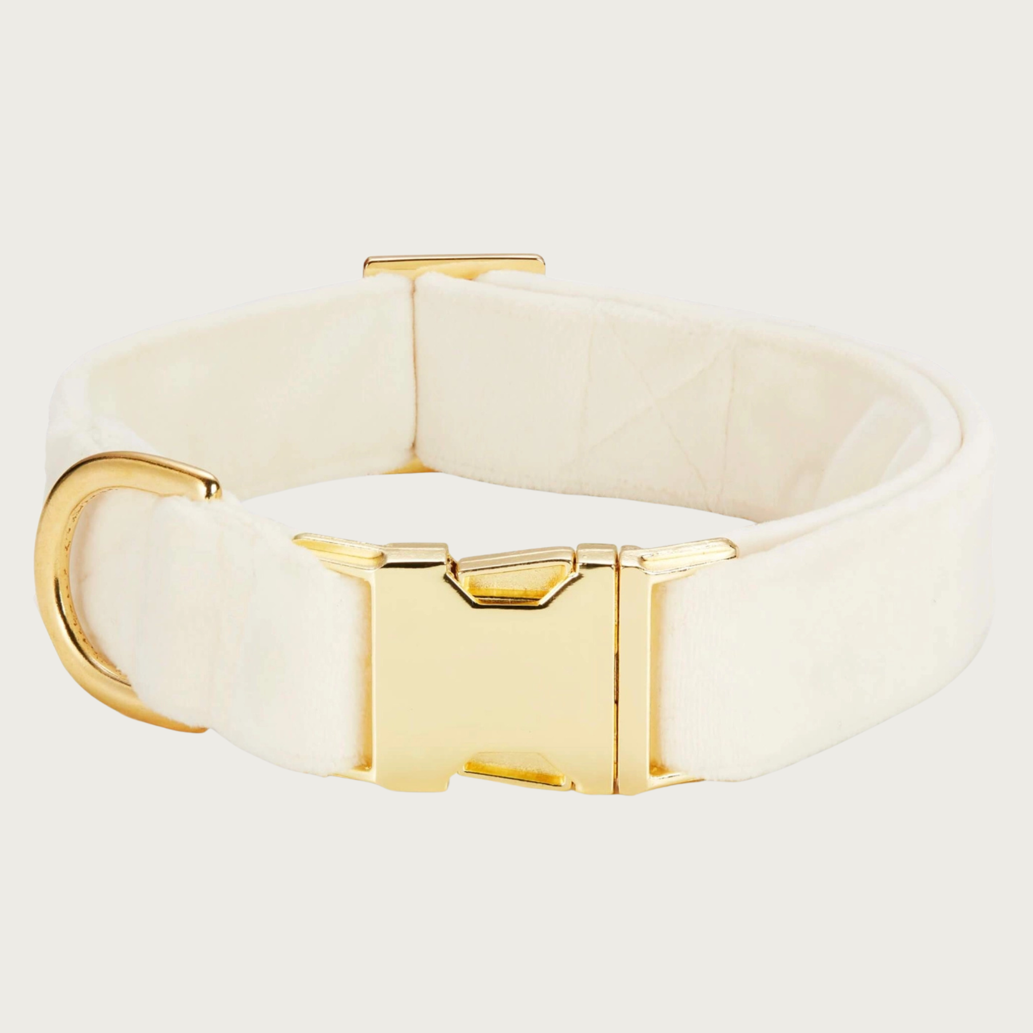 Ivory velvet dog collar with a gold toned metal buckle & D-ring. 