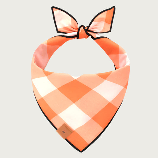 Reverse side of the Jack O Lantern dog bandana, with a pale orange and white, buffalo plaid print.