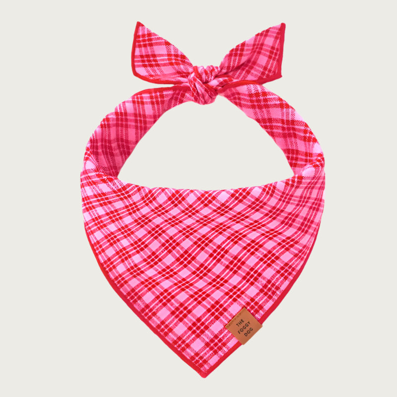 Red and medium pink plaid dog bandana.