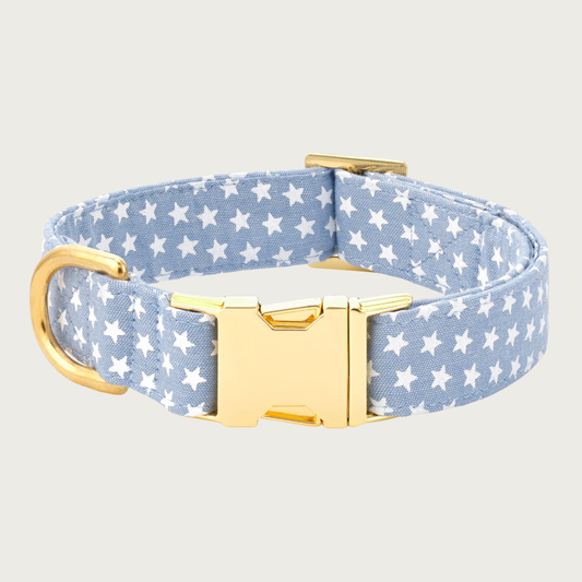 Dog collar featuring a small white star pattern on a light blue oxford cloth background, with gold-toned hardware.
