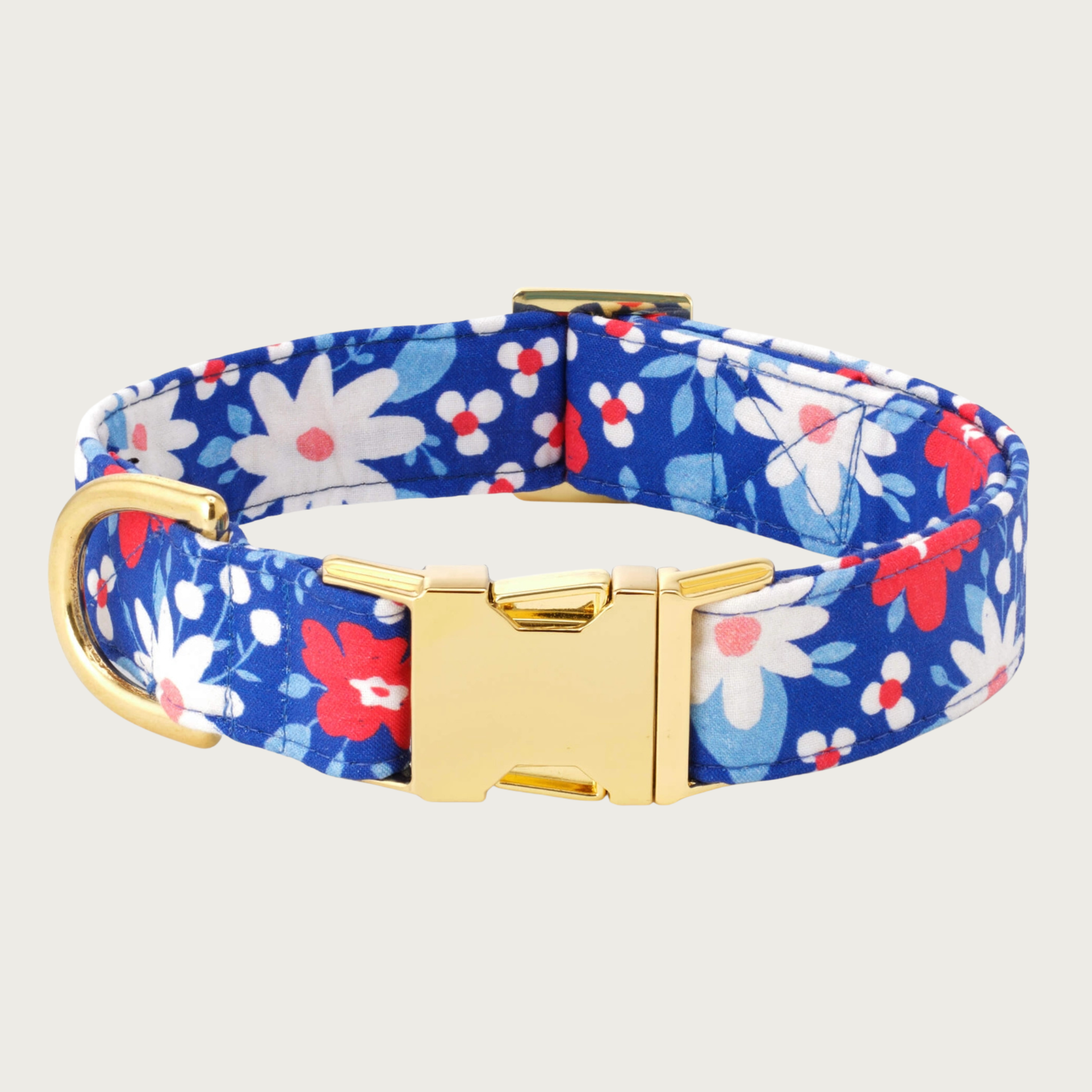 Bright red, white, and blue, simple floral-patterned dog collar with gold-toned hardware.