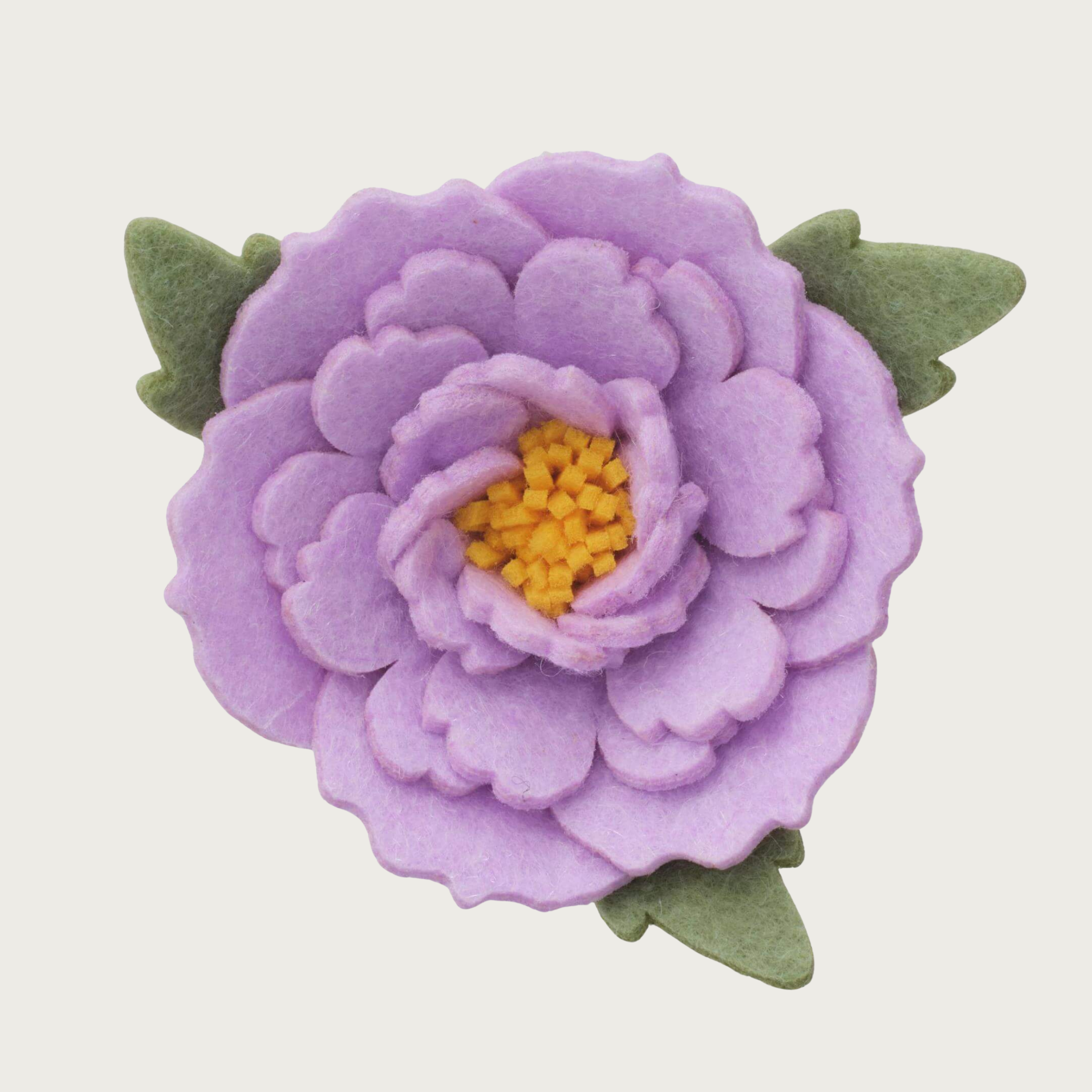 Layered lilac purple felt peony dog collar flower with rounded, scalloped edges, with yellow center, and light green felt leaves.