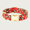 Load image into Gallery viewer, Red dog collar with mistletoe berries & leaves print in white & green. Gold toned metal buckle & D-ring.
