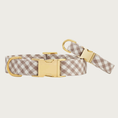 Load image into Gallery viewer, Two Mushroom Brown Gingham dog collars with different widths (5/8" and 1"), with the smaller & more narrow collar leaning on the larger one.
