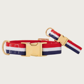 Load image into Gallery viewer, Two Newport Stripe dog collars with different widths (5/8" and 1"), with the smaller & more narrow collar leaning on the larger one.
