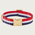 Load image into Gallery viewer, Dog collar with 3 wide horizontal stripes: 1 red, 1 white, and 1 navy blue, with gold-toned hardware. 
