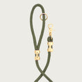 Load image into Gallery viewer, Alternate view of the Olive marine rope leash, showing a closeup of the handle and clasp sections.
