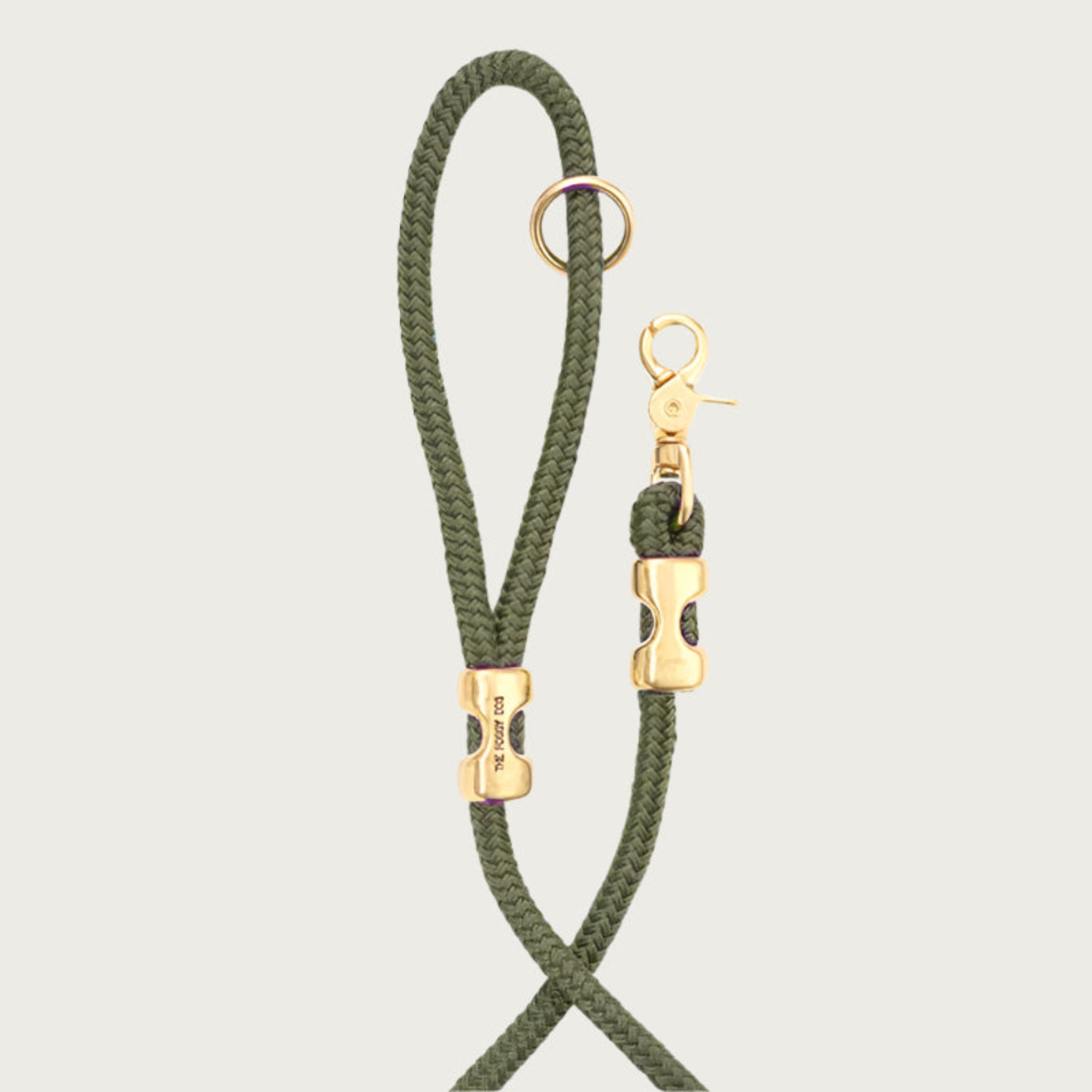 Alternate view of the Olive marine rope leash, showing a closeup of the handle and clasp sections.