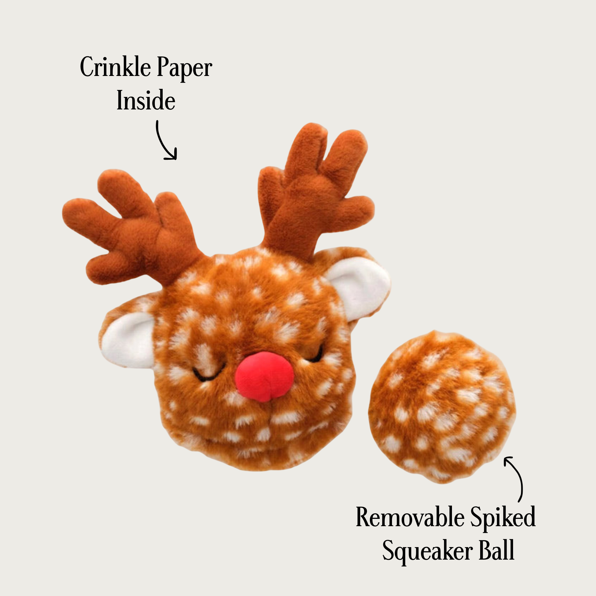 Plush reindeer head dog toy with removable spiked squeaker ball next to it. Ball has the same reddish brown plush with pale white dots, covering it. Text pointing to the reindeer says "crinkle paper inside" and text pointing to the smaller ball says "removable spiked squeaker ball".