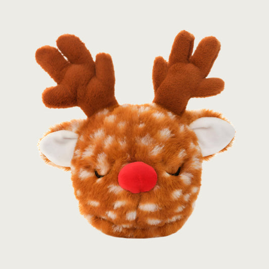 Plush reindeer head dog toy with a red nose, antlers, and ears. Fabric is reddish brown with pale cream dots.