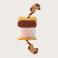 Load image into Gallery viewer, Square, layered dog toy shaped like a stacked S'mores treat. There's tan, top & bottom (graham crackers) layers, with chunky white (marshmallow) layer, and topped with a slightly less chunky brown (chocolate) layer. All are connected with a brown & tan rope.
