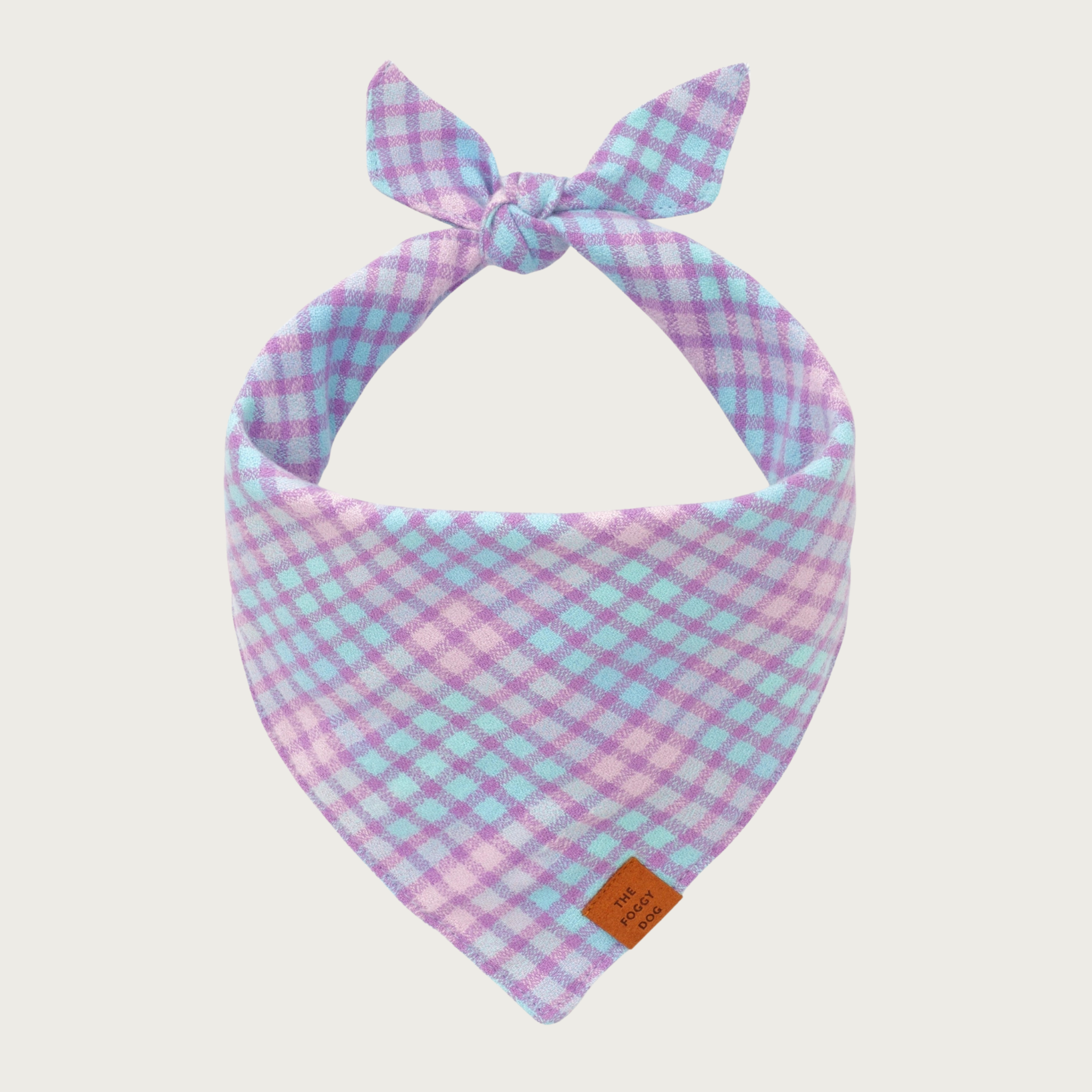 Plaid dog bandana in pastel shades of purple, pink & blue. 