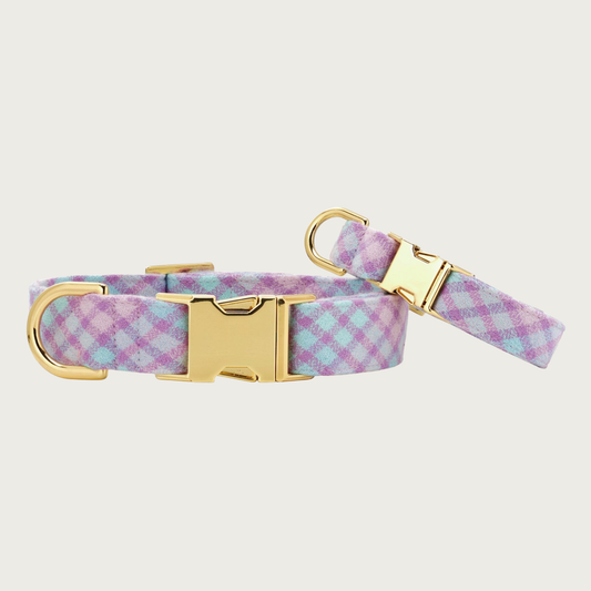 Two Sorbet Plaid Flannel dog collars with different widths (5/8" and 1"), with the smaller & more narrow collar leaning on the larger one.
