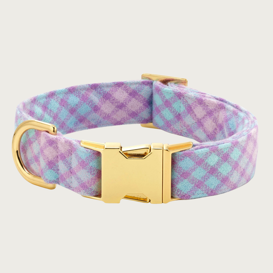 Plaid dog collar in pastel shades of purple, pink & blue. Gold-toned hardware.