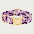 Load image into Gallery viewer, Halloween themed, lilac purple dog collar with ghost and bat pattern with gold buckle and D-ring.
