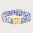 Load image into Gallery viewer, Light blue dog collar with red, white & blue ice cream cone pattern. Pattern has ice cream cones of different shapes & sizes, and with different toppings. Features gold-toned metal hardware.
