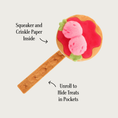 Load image into Gallery viewer, Strawberry Pancake toy opened up to show details of each layer, with text descriptors. With an arrow pointing to the body of the toy, text reads "squeaker and crinkle paper inside." Text pointing to the unfurled plush "ribbon" reads "unroll to hide treats in pockets."
