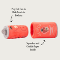 Load image into Gallery viewer, OLIPOP strawberry vanilla dog toy, shown on its side with the center insert "can" pulled out in front, with explanatory text: 'Pop Out Can to Hide Treats in Pockets' and 'Squeaker and Crinkle Paper Inside.'
