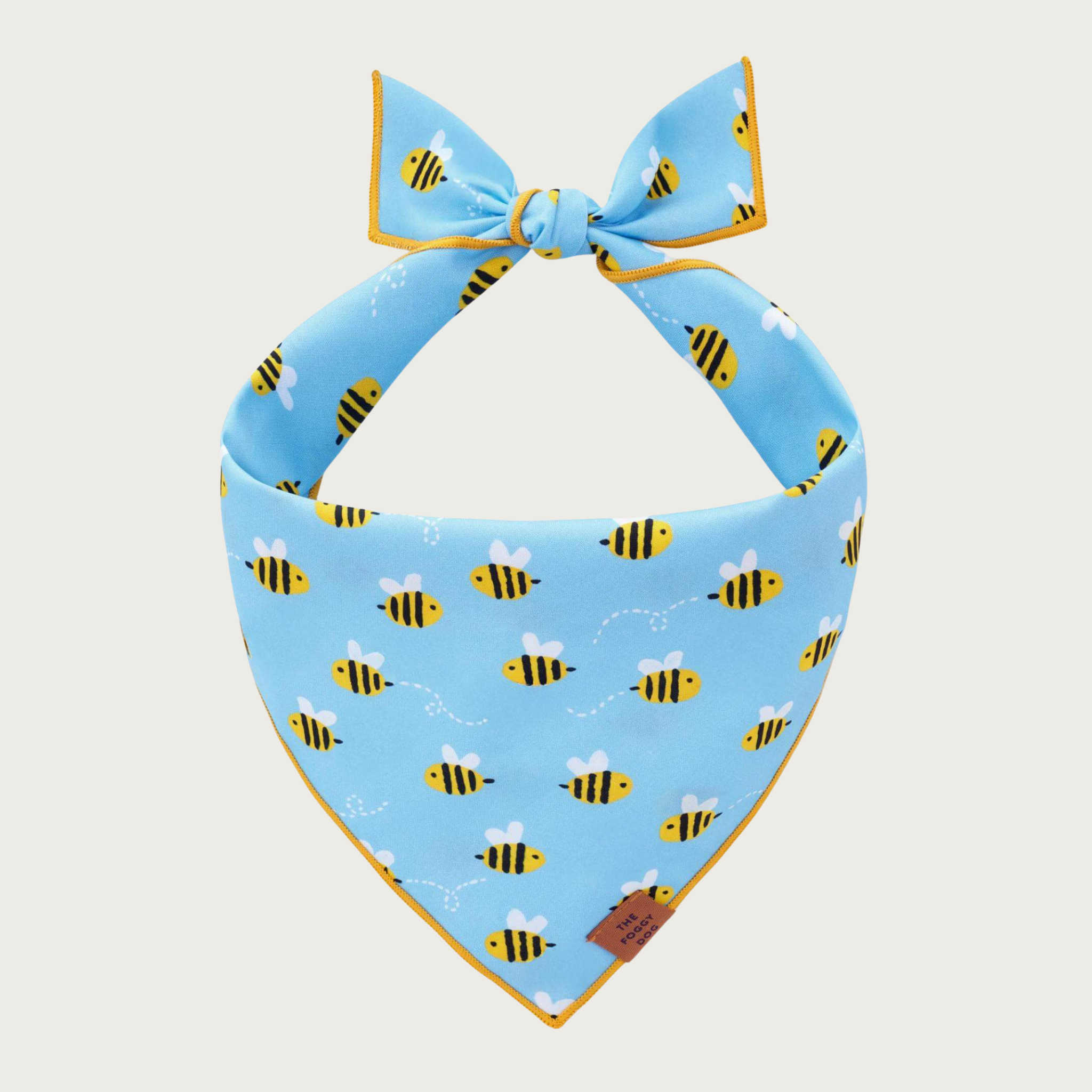 Medium sky blue dog bandana with simple & cute flying bee print.
