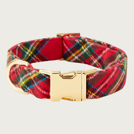 Red & green Stewart plaid flannel dog collar. Gold-toned metal buckle and D-ring.