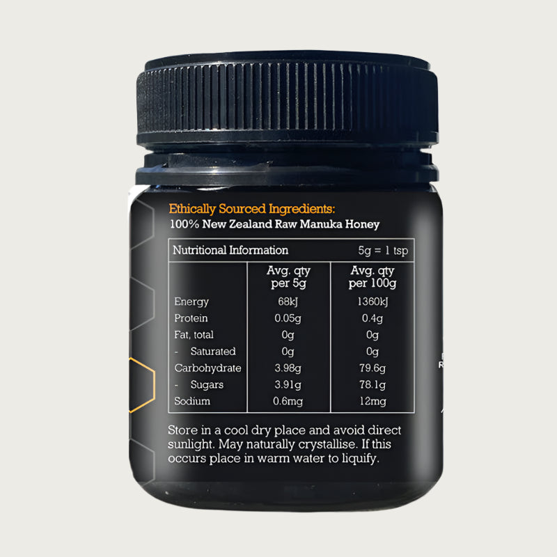 Side view of the manuka honey jar, with detailed nutritional information.